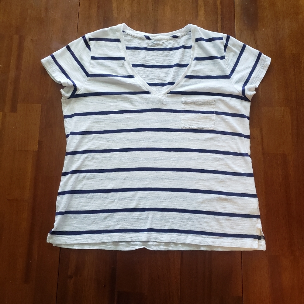Madewell White & Blue Striped V-Neck Shirt
